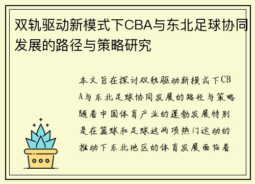 双轨驱动新模式下CBA与东北足球协同发展的路径与策略研究
